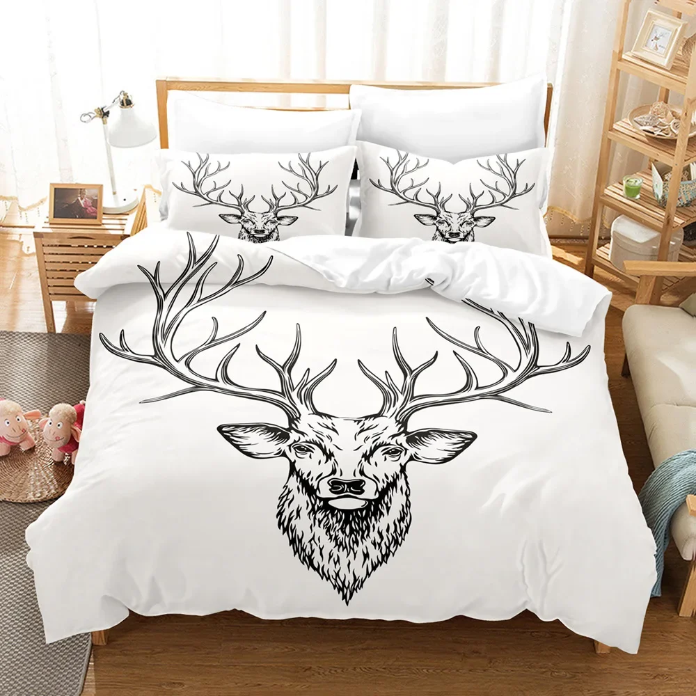 Antlers Duvet Cover Set,Deer Head Halloween Hunter Theme Motif,Decorative 3 Pcs White Bedding Set with 2 Pillow Shams, King Size