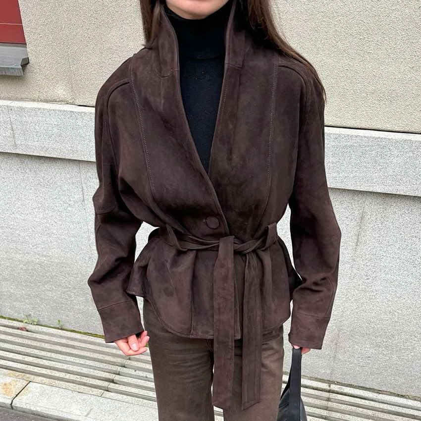 

Maillard Retro Faux Suede Coat ,2025 Autumn Winter Women's Elegant Fashion Slim Fit Tie Waist Casual Lapel Workwear Jacket