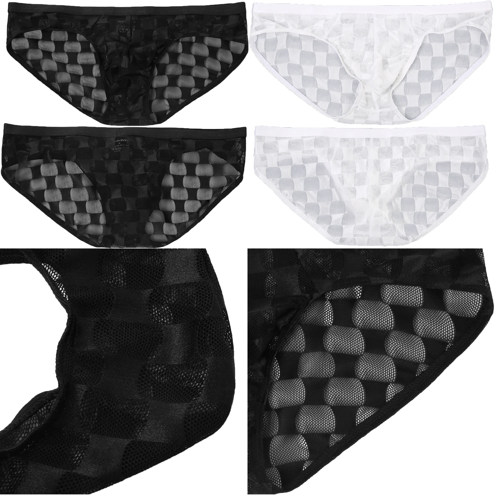 Mens Sexy Mini Micro Lingerie Mesh Plaid Transparent U Convex Briefs See-Through Big Penis Panties xxxl Adult 18 Erotic Clothing