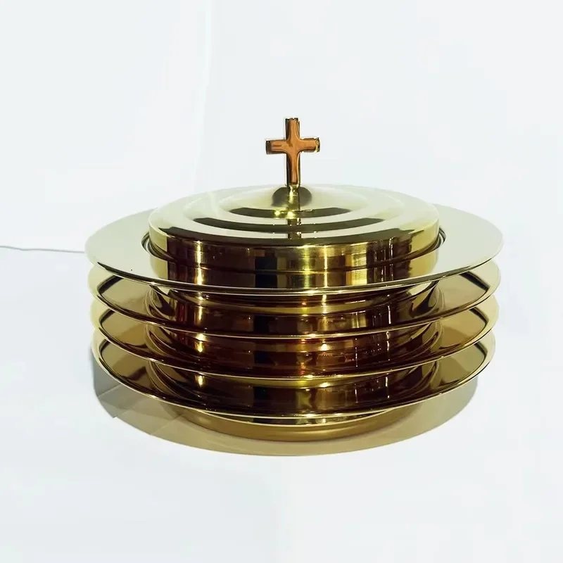 Stackable Gold Communion Bread Tray Set with Lid 5 Plates Polished Metal Church Serving Platter for Religious Ceremony