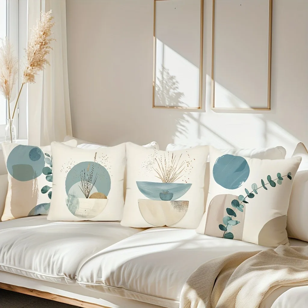 Abstract minimalist light blue geometric leaf pattern printed pillowcase Bohemian sofa cushion cover modern home decoration