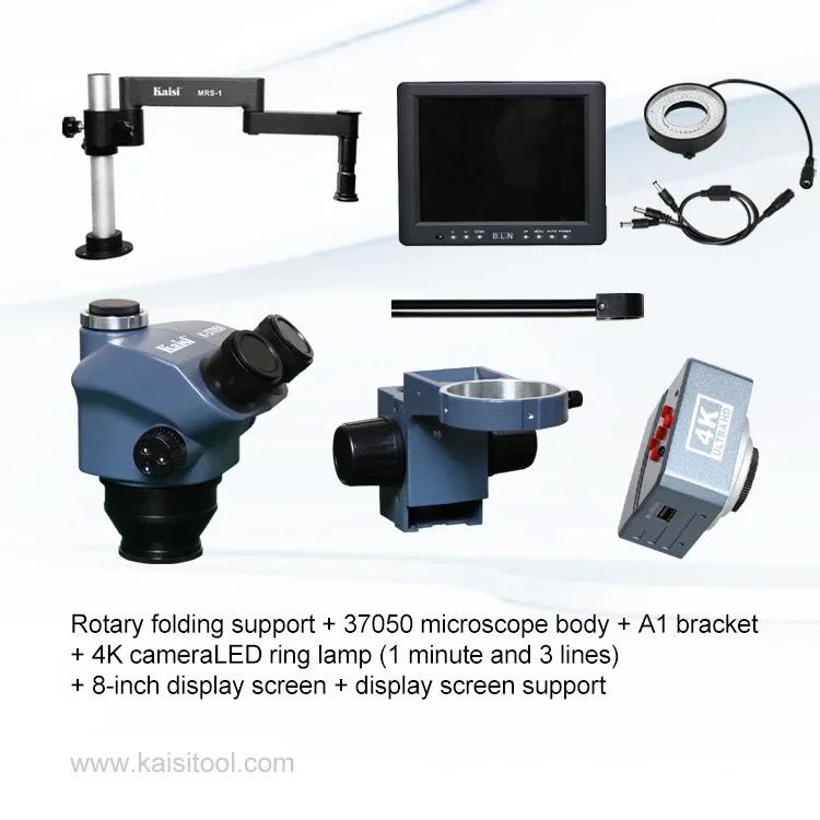 Kaisi 37050 MRS مجهر ثلاثي العينيات 360 درجة حامل قابل للطي 4K أداة إصلاح هاتف الكاميرا