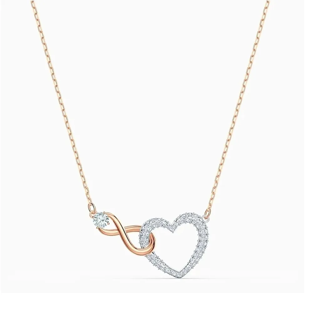 Conjunto de Joyería Fina Tendencia 2026, Brazalete, Collar y Aretes con Doble Corazón Calado con Incrustaciones de Cristal en Oro Rosa para Mujer, Regalo Conmemorativo