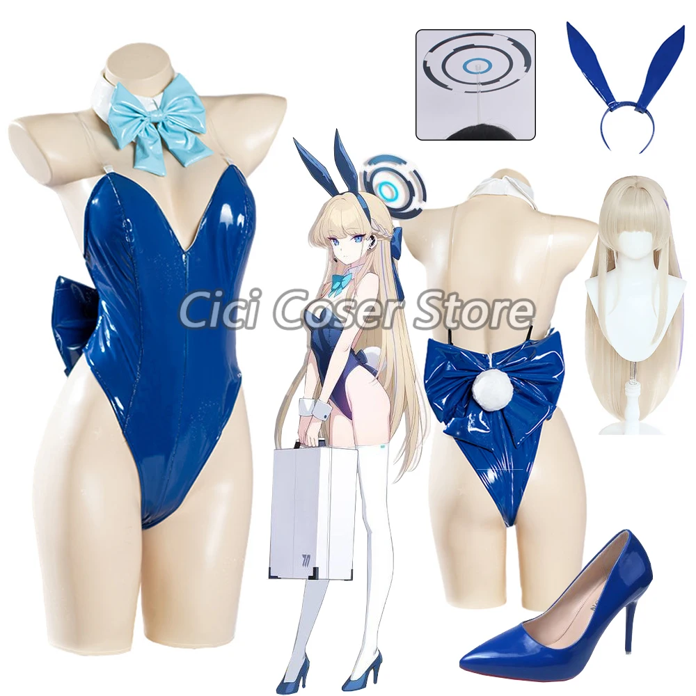 Asuma Toki Cosplay Fato com Peruca para Meninas, Macacão Bonito Orelhas de Coelho, Bodysuit com Cauda Bowknot Arquivo Azul Festa de Halloween