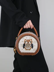 2024 new high-end light luxury rivet bag owl embroidered small round bag, fashionable handmade chain decorated cartoon embroider