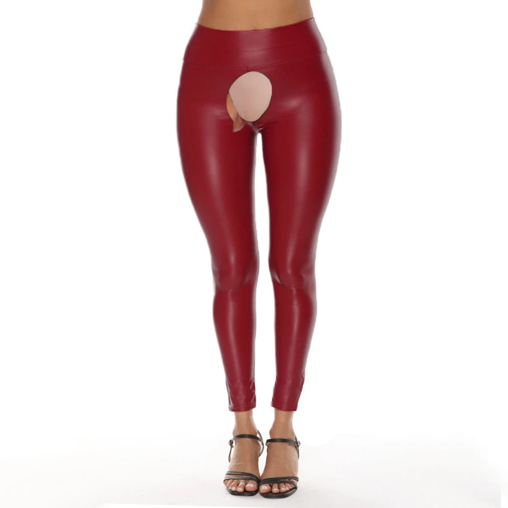 المرأة نظرة الرطب بولي كلوريد الفينيل الجلود مفتوحة المنشعب بعقب طماق عالية الخصر Crotchless الجوارب السراويل مثير بسط السراويل كلوبوير