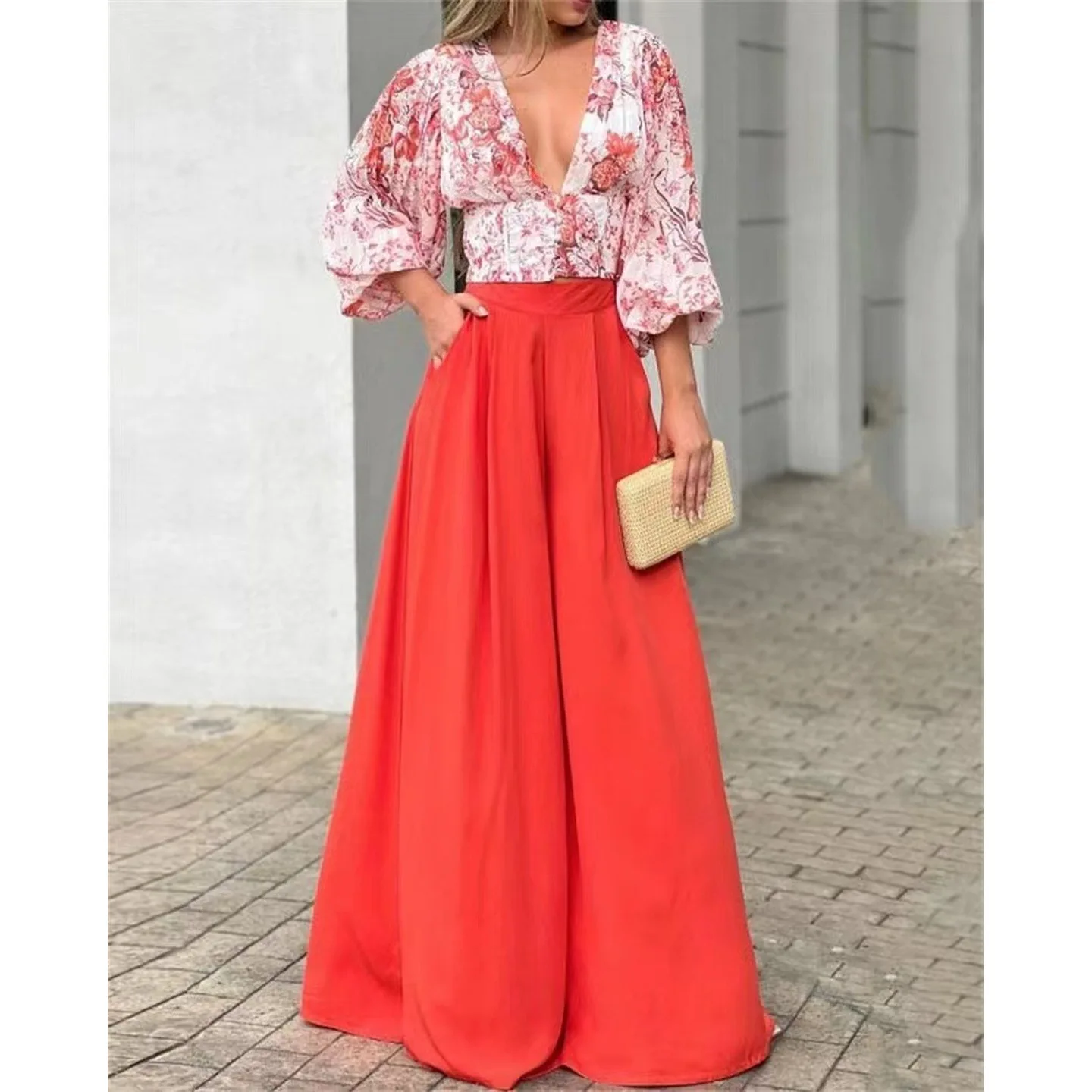 

High Waist Wide Leg Pants Set with Deep V Top And Bubble Sves Faionable Women's Autumn Winter Outfit Casual Ele