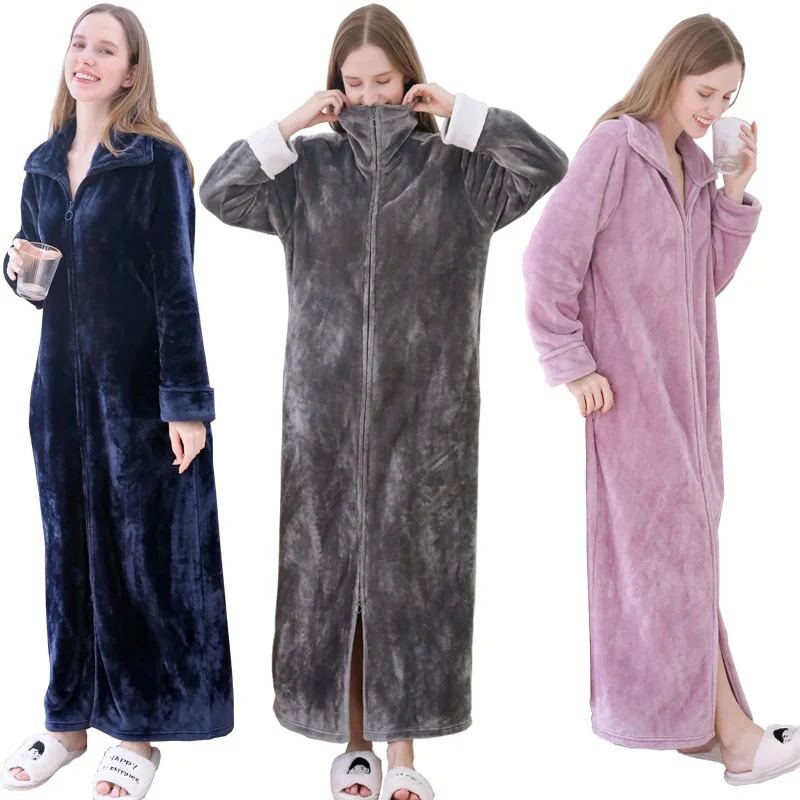 

Winter Flannel Women Long Robe with Zipper Pocket Thickened Warm Sleepwear Nightgown Lover Nightwear Loose Coral Fleece Homewear