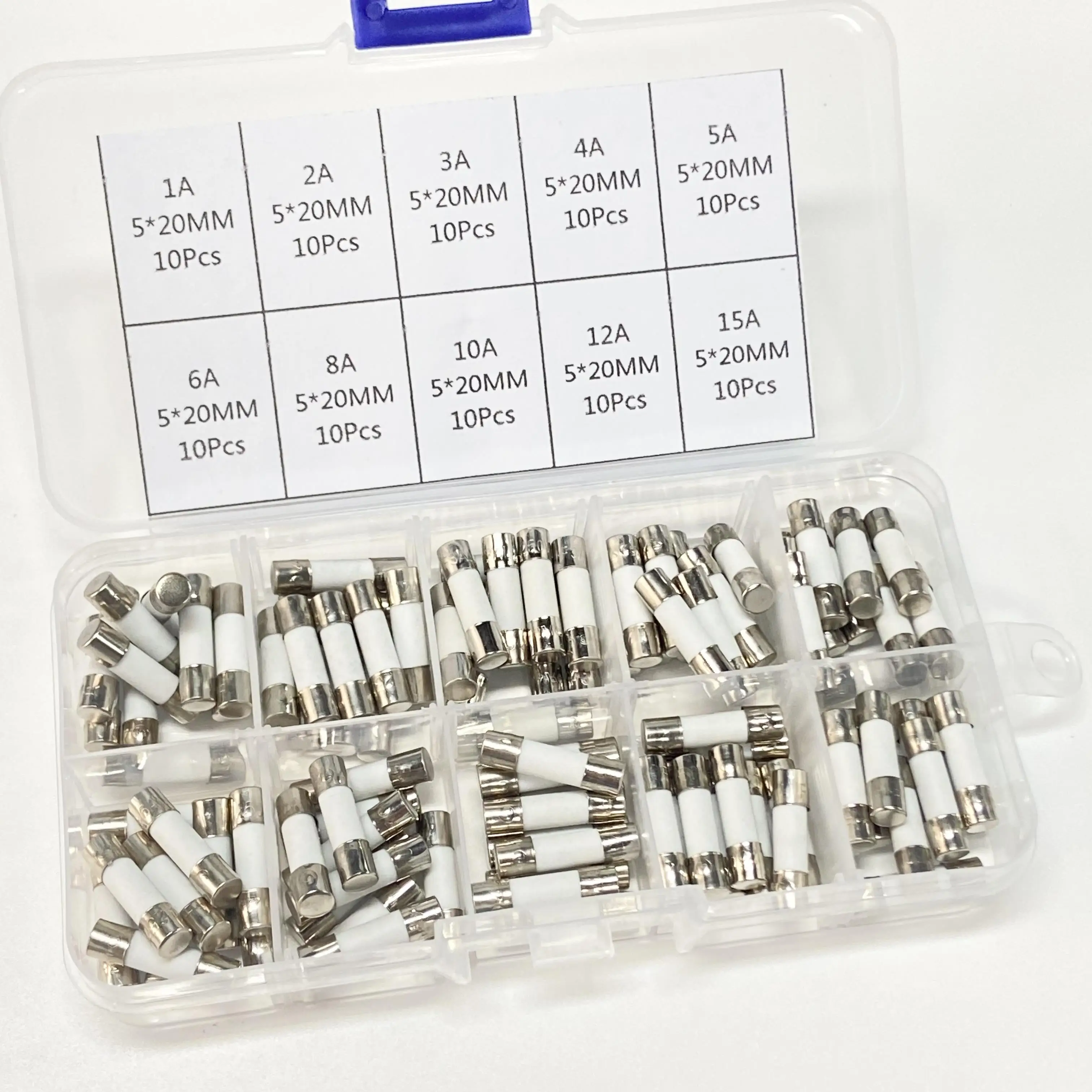 Tubo de fusible de cerámica, kit surtido de 10 valores x 10 piezas, soplado rápido, 5x20, 100 V, 1A, 2A, 3A, 4A, 5A, 6A, 8A, 10A, 12A, 15A, 250