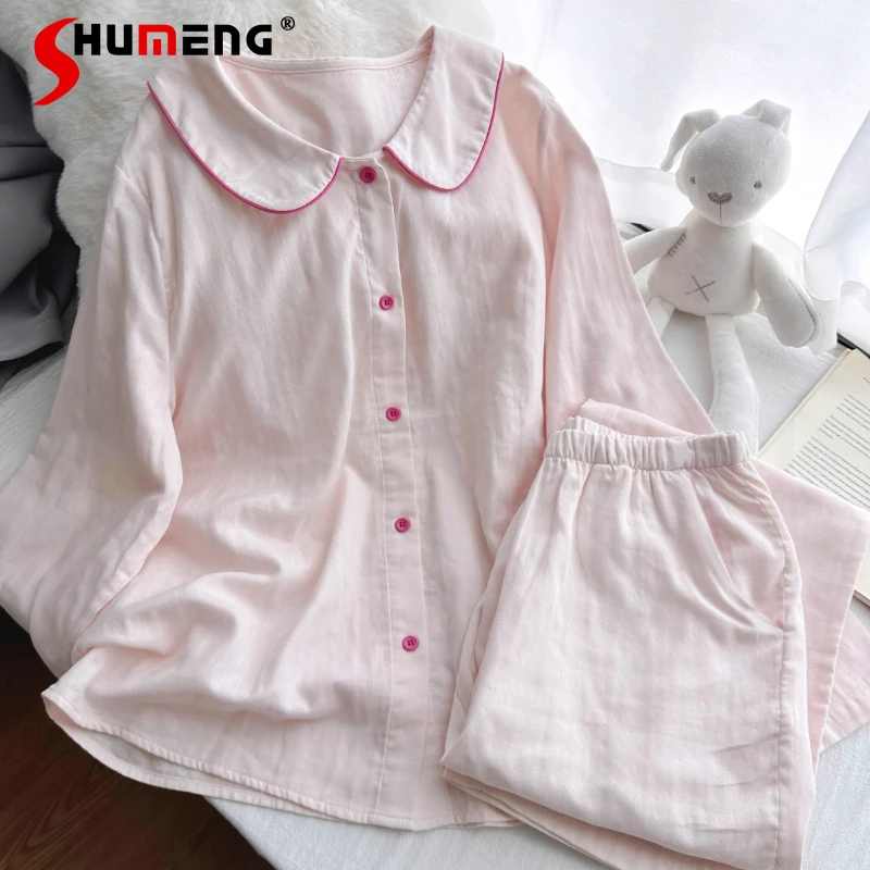 

Pink Doll Collar Pure Cotton Pajamas for Women Spring Autumn New Home Wear Female Japanese Style100% Cotton Two Piece Set