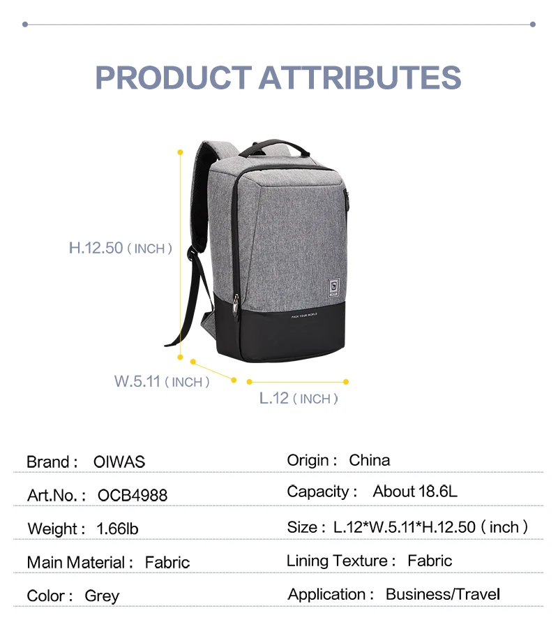 OIWAS Waterproof Laptop Backpack with USB Charging Port Breathable Luggage Strap Computer Bag for Travel And Business
