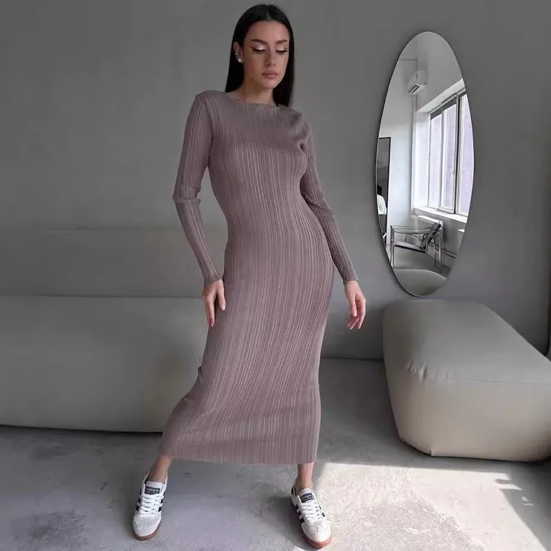 2024 Autumn And Winter Long Sleeved Tight Knit Dress For Women, Simple Solid Color Round Neck Slim Fit And Slimming Long Dress