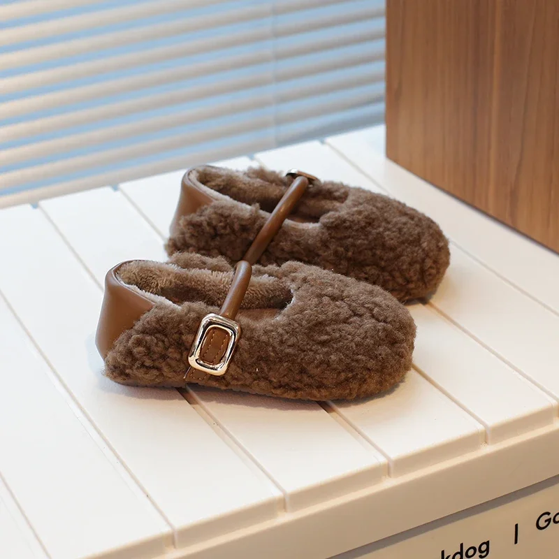 Super Cozy Furry mary jane shoes for Kids Girls New Brand Designer Metal Buckle Children Cotton-Padded Winter Shoes Kids