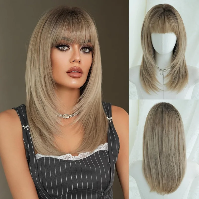 

European and American style women's synthetic with bangs, layered long straight hair, high-temperature fiber full head wig