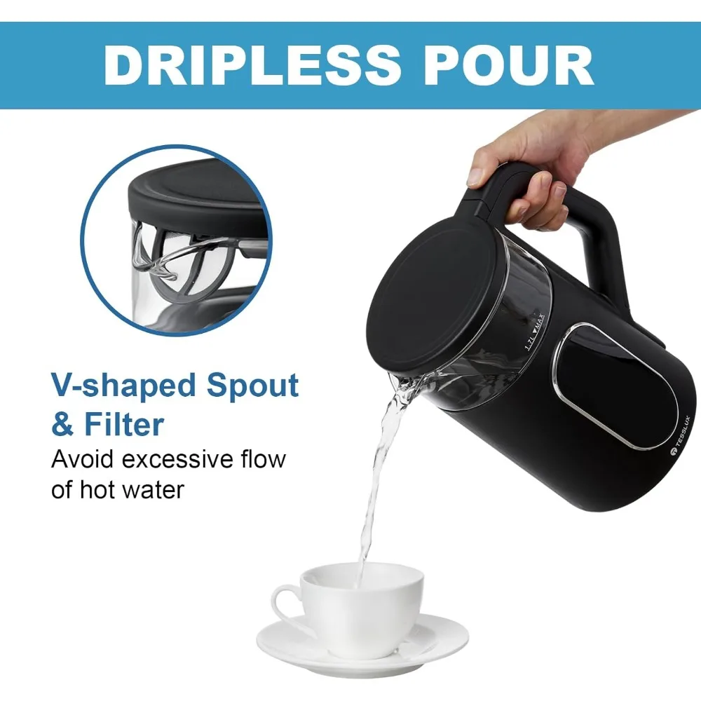 Chaleira elétrica, chaleira de água de vidro de ebulição rápida de 1500 W com controle de temperatura, base de aço inoxidável sem fio de 1,7 L, manter aquecido
