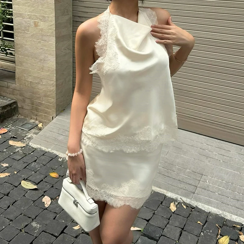 

Elegant Sleeveless Fit Banquet Set Trendy Hollow Out Lady Halter Vest&Mini Skirts Set French Style Lace Edge Splice Satin Outfit