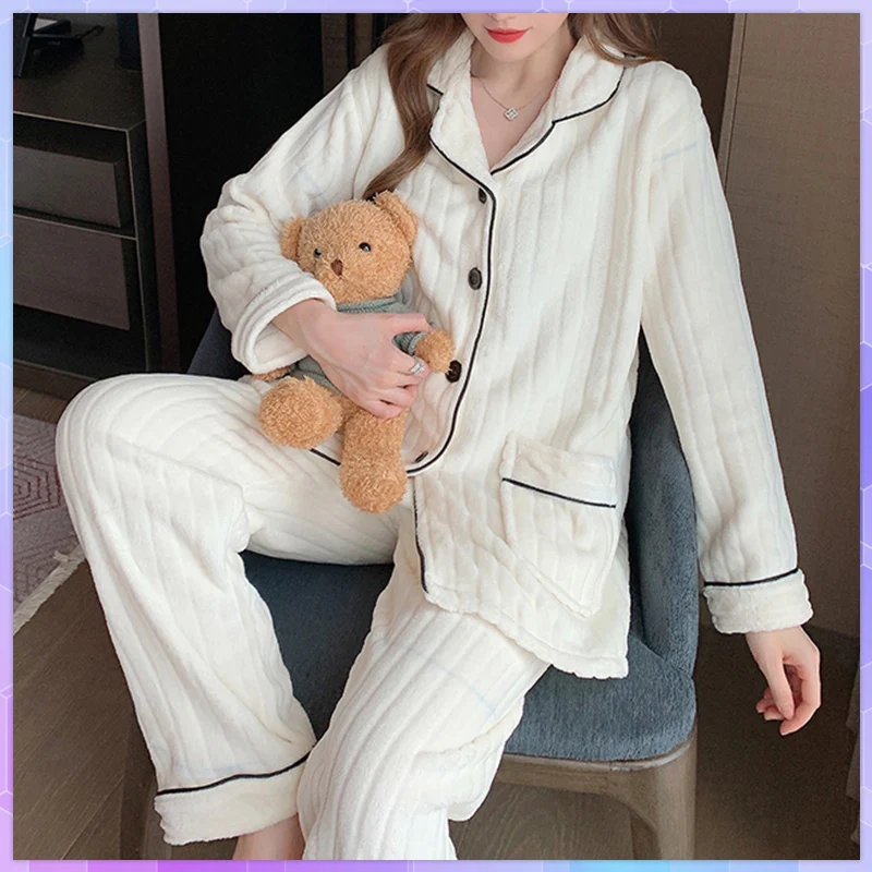 

Winter Sleepwear Sexy Nightwear Women's Pajama Sets Flannel Warm Pajamas With Pants Set Long Sleeve Home Wear Suit Velvet Pijama