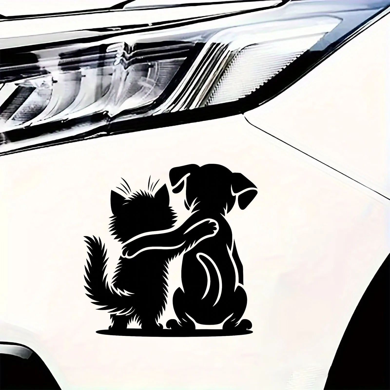 

1Pc Cat & Dog Hugging Vinyl Sticker, Black 2D Flat Waterproof Decal for Car, Truck & SUV Bumper Decoration
