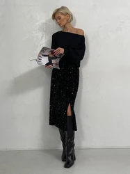 Elegante Weihnachten Pailletten Lange Abendkleider Hohe Taille Sexy Midi Rock Frauen Silber Schlitz Midi Pailletten Rock Für Frauen 2024