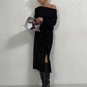 أنيقة عيد الميلاد الترتر فساتين سهرة طويلة عالية الخصر مثير تنورة ميدي النساء شق الفضة ميدي تنورة الترتر للنساء 2024 أفضل 8 تنورة معدنية مبيعا - رقم 5