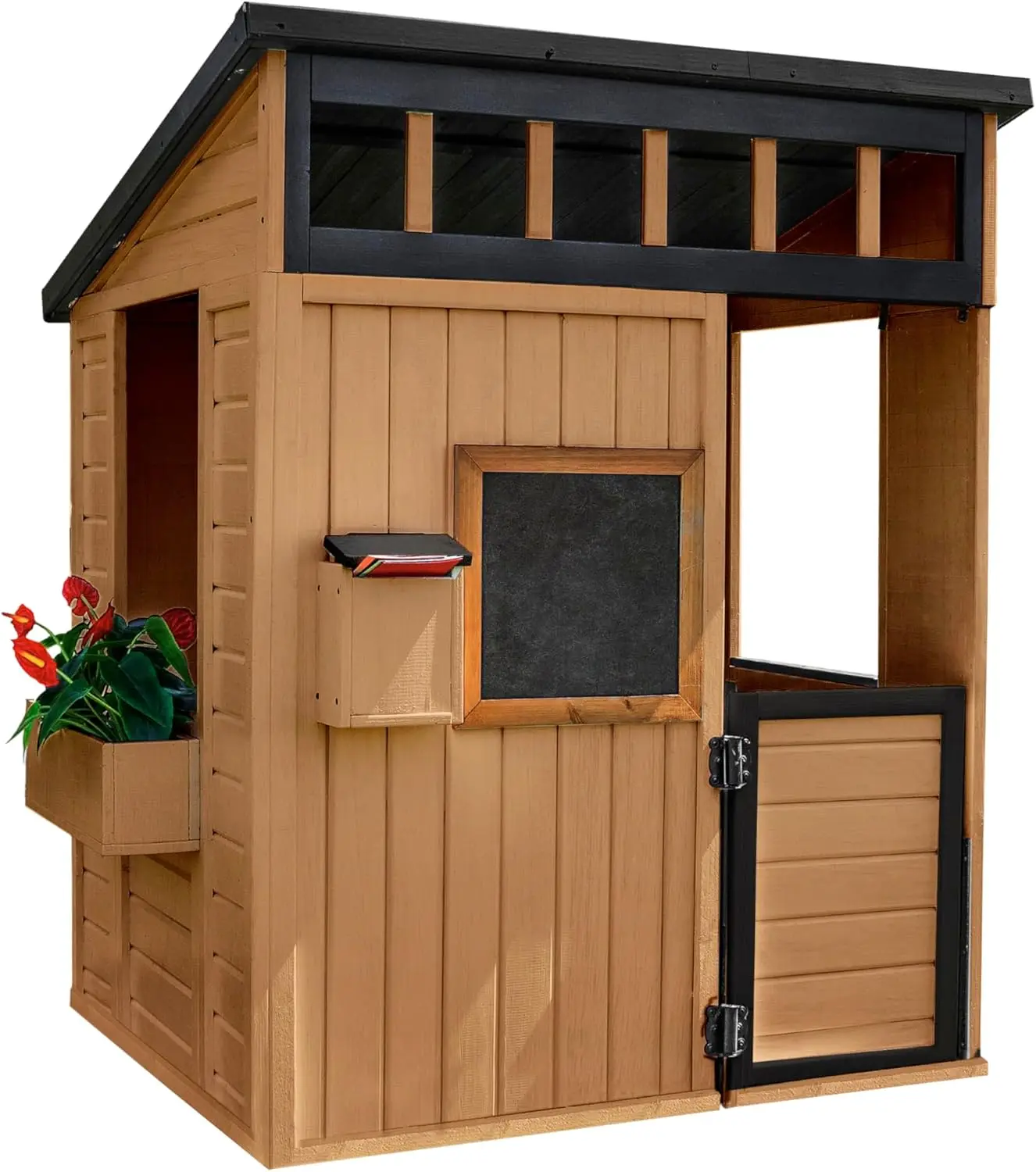 

Детский деревянный игровой домик Backyard Discovery Caraway Cottage из кедра с игровой кухней, доской для рисования, почтовым ящиком, полустворчатыми дверями, окнами и цветочным декором.