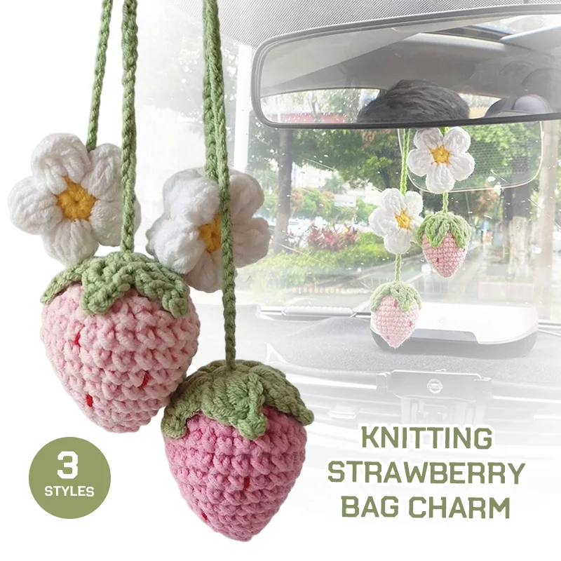 Cute Handmade Flower Knitted Pendant Car Rear View Mirror Decor Hanging Crochet Pink Strawberry Bag Key Pendant Women Girl Gift