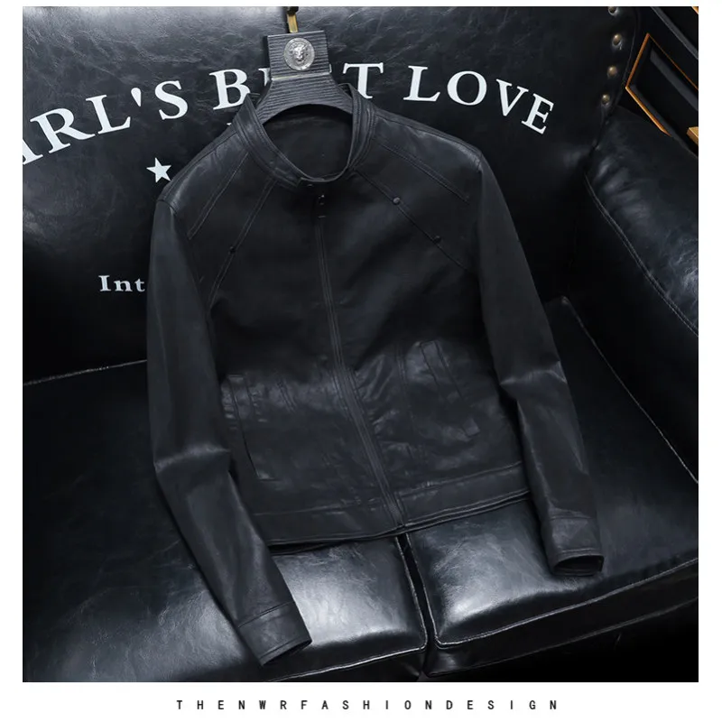 

Faionable Pure Color Leather Jaet Men's Casual Biker Sle Autumn Winter Coat Stand Collar Long Sve Zipper ket