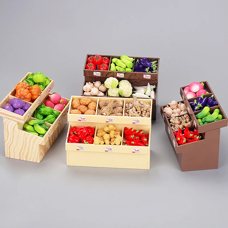 1/12 Dollhouse Simulation Fruit Vegetable Display Rack Dollhouse Mini Supermarket Shelf Model DIY Life Scene Decor Accessories