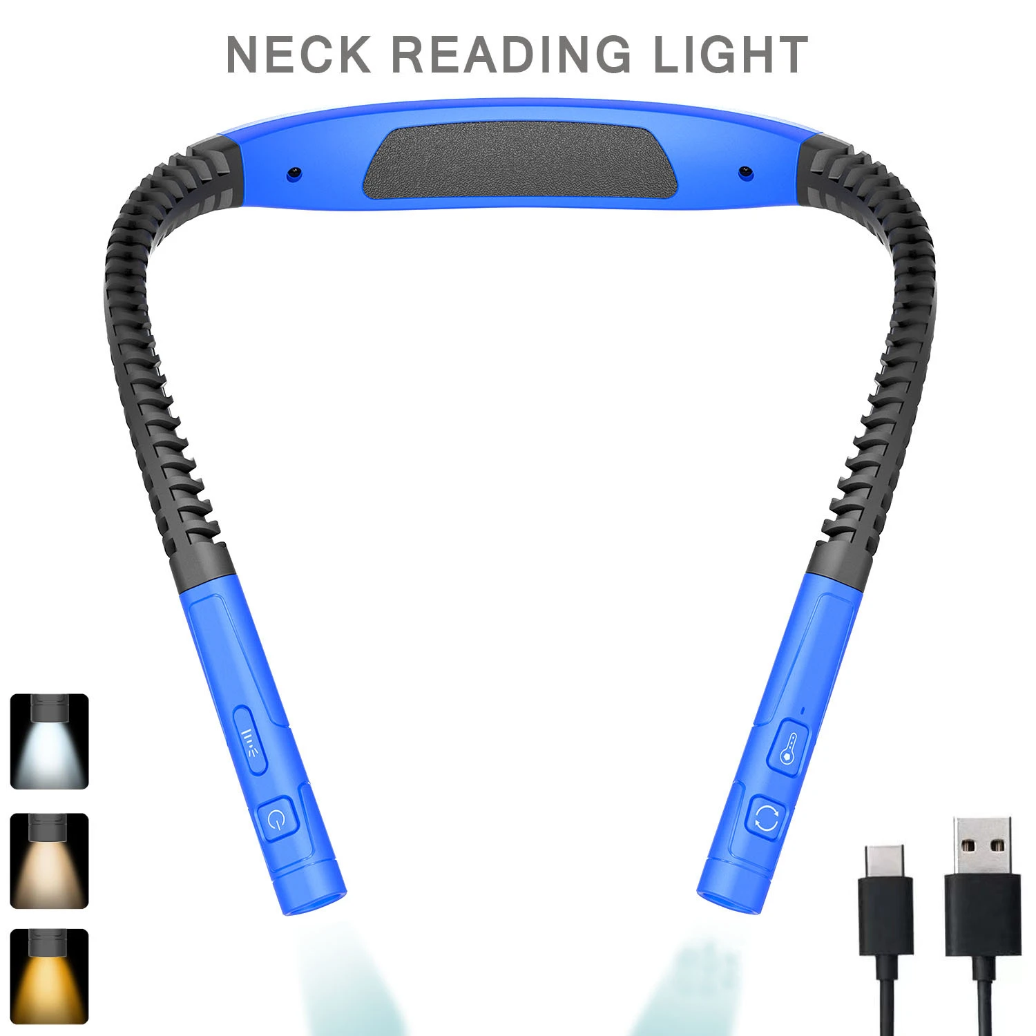 

Светодиодная лампа для чтения на шею, USB-перезаряжаемая, с гибким кронштейном, 3 цвета, 3 уровня яркости, для чтения книг