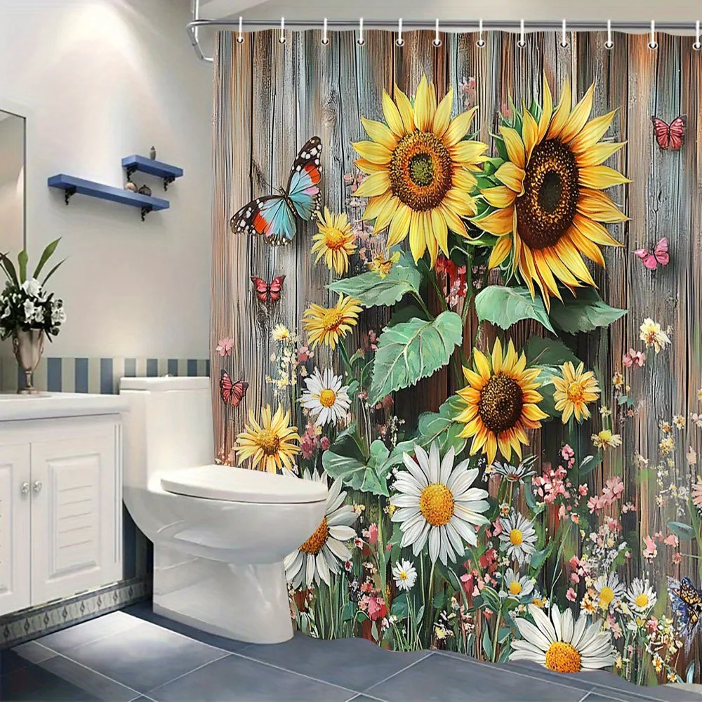 1pc Colorful Garden Shower Curtain, Sunflowers Daisies Wildflowers Butterflies & Rustic Wooden Fence, With Hooks