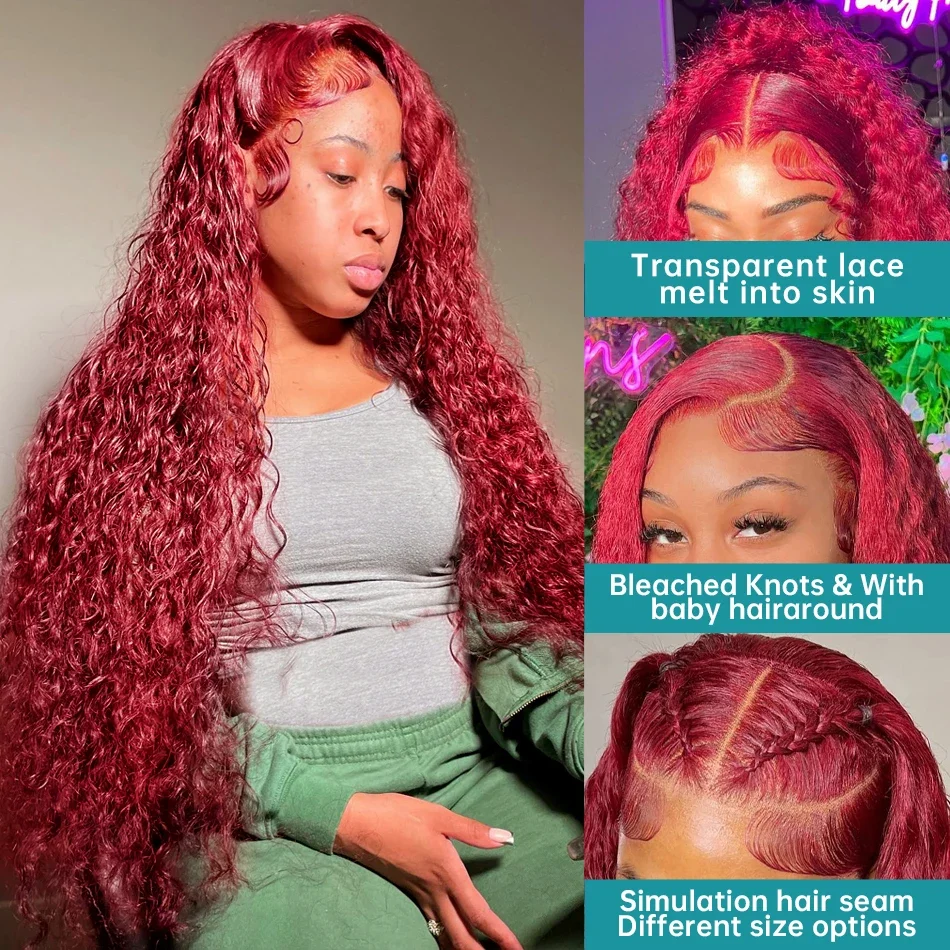 99J Burgundy 13x6 HD Lace Frontal Wig Colored Curly Human Hair Wigs Red Deep Wave 4x4 Lace Front Closure Wig 30 34 Inch