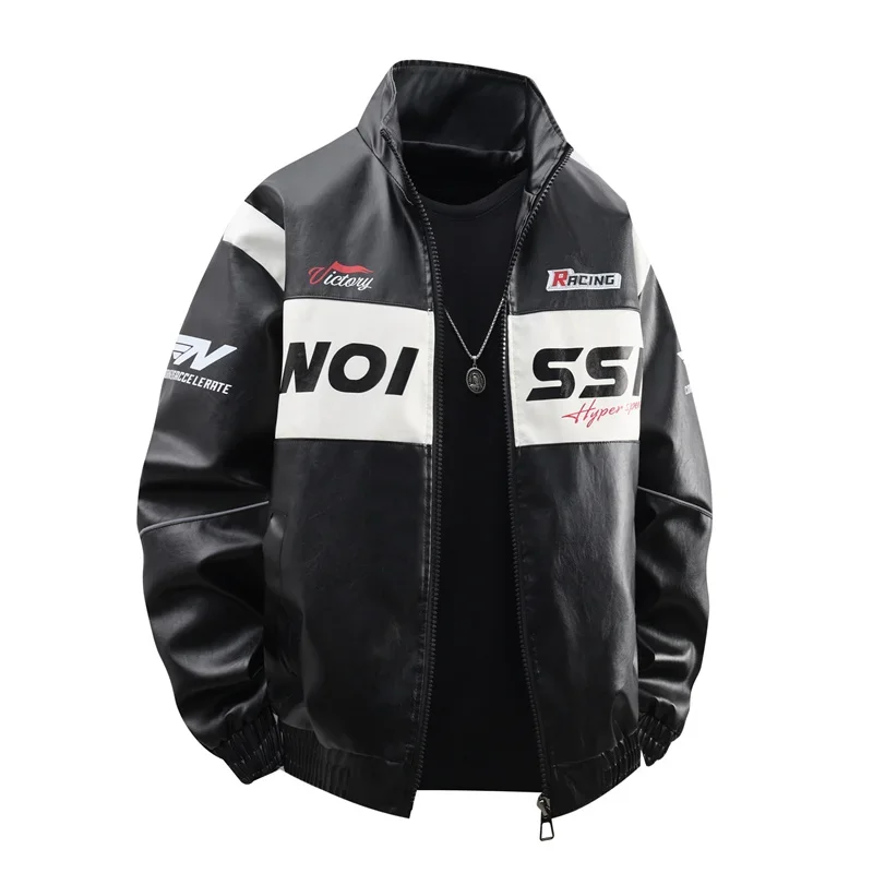 Korean Color Blocking Motorcycle Leather Jacket Men's Streetwear Trendy Advanced Motorbike Coat Men Zipper PU Leather Jackets
