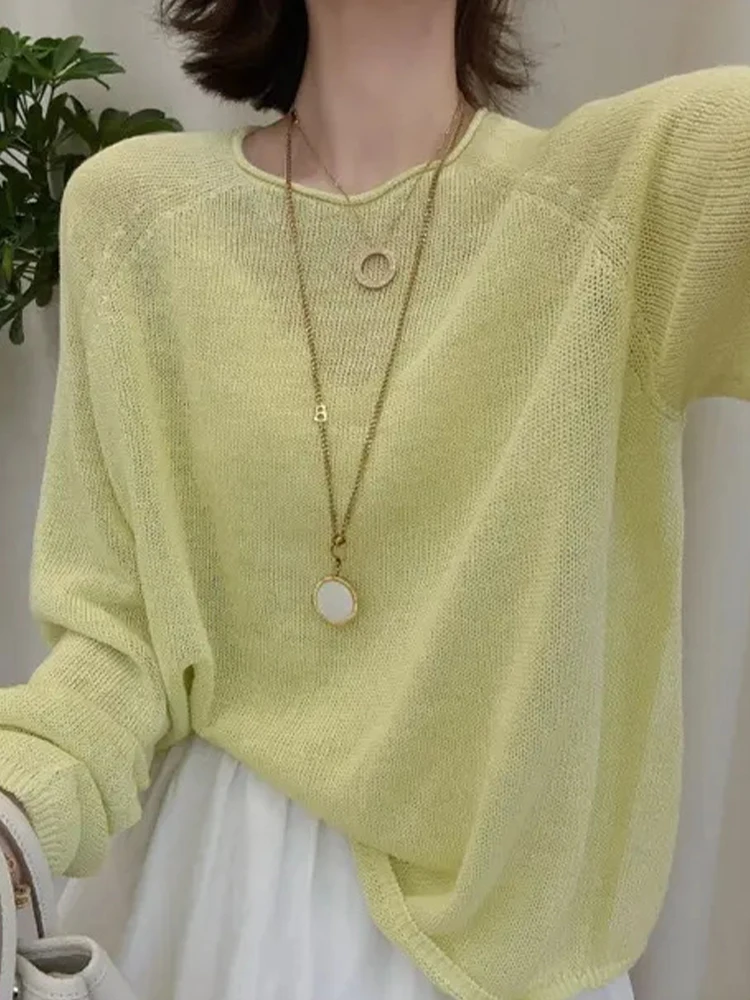 Cienki, długi sweter damski z dzianiny, luźny krój, ochrona przed słońcem, modny top, styl koreański, jednolity kolor, do pracy, trendy.