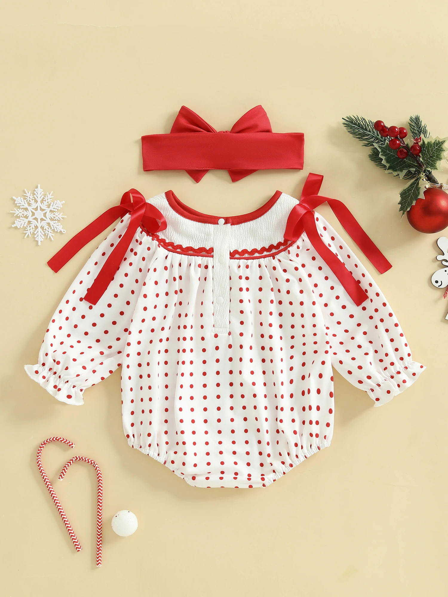 

Infant Girls Winter Holiday Jumpsuit with Festive Reindeer Applique and Matching Bow Headband for Christmas