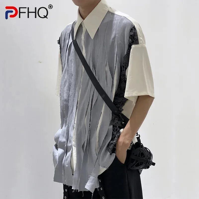 

PFHQ Short Sleeved Shirt Summer New Shirt Niche Top Contrast Color Trun-down Collar 2024 Korea Fashion Male Tops 21Z5755