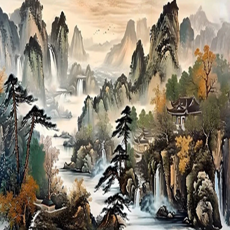

Chinese Style Custom Photo Mural Hand-painted Ink Oil Painting Abstract Mountain Tree Landscape Wallpaper Background 3D