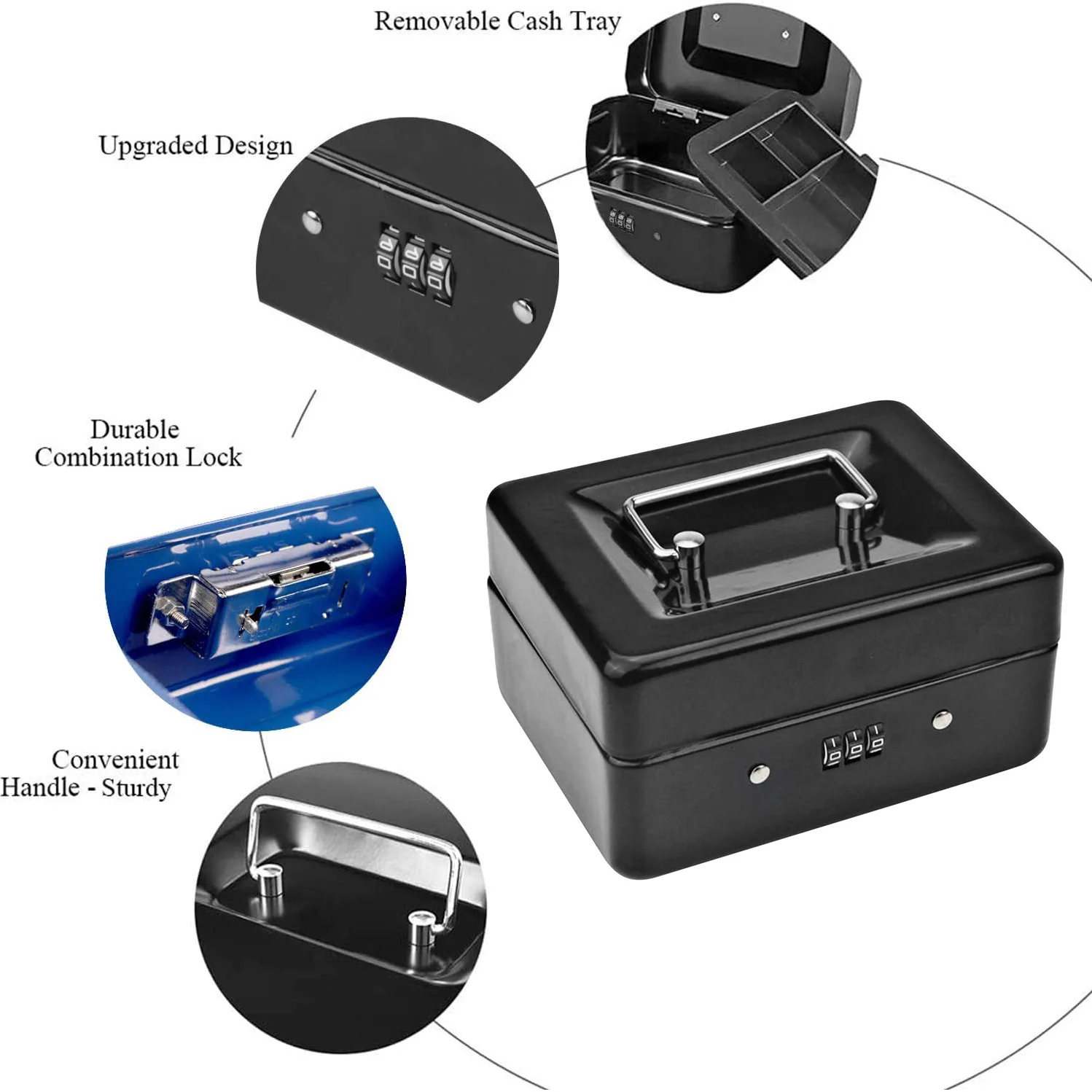 Durable Metal Coin Box with Locking Storage Tray - Small Coin Box with Combination Lock 15 x 12 x 7.7cm (Black)