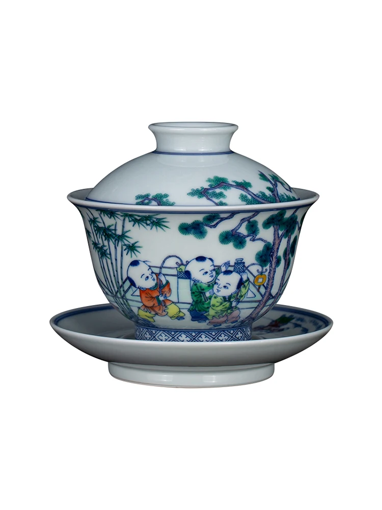 Zhongjia Covering Bowls, Tea Cups, Jingdezhen Blue And White Colorful Firewood Kiln Hand-painted Characters, Childlike Fun,