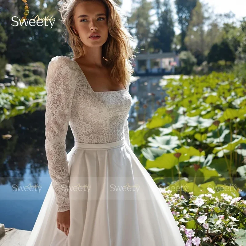 Vestido De novia Vintage De satén suave con encaje bordado, vestido De baile De línea a, manga completa, cuello cuadrado, vestido De novia con botones