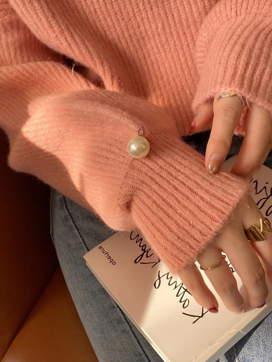 Design Sensation  Women\'s Sweater Loose V-neck Pink Knitted Top Korean Style Autumn Winter New Arrival Casual Commute Style
