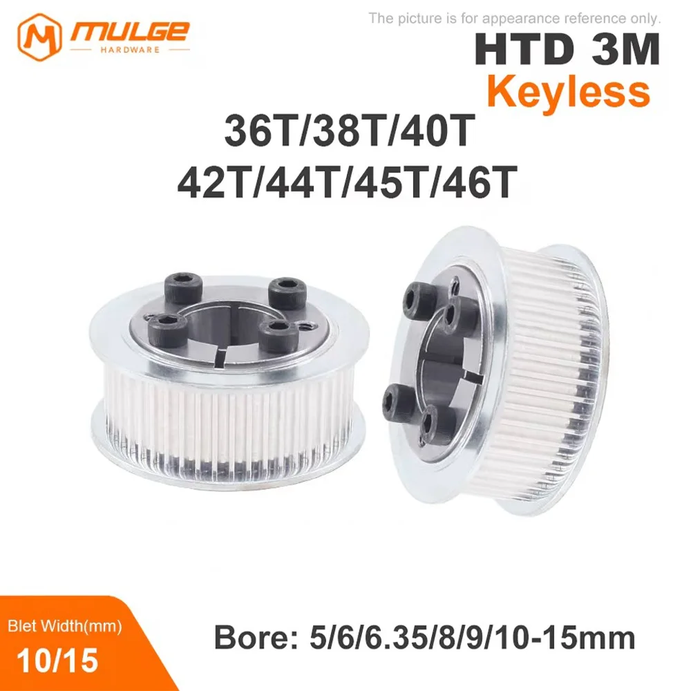 HTD 3M 36T/38T/40T/42T/44T/45T/46Teeth Timing Pulley Keyless Bushing Bore 5/6-15mm  3M Synchronous Wheel For Belt Width 10/15mm