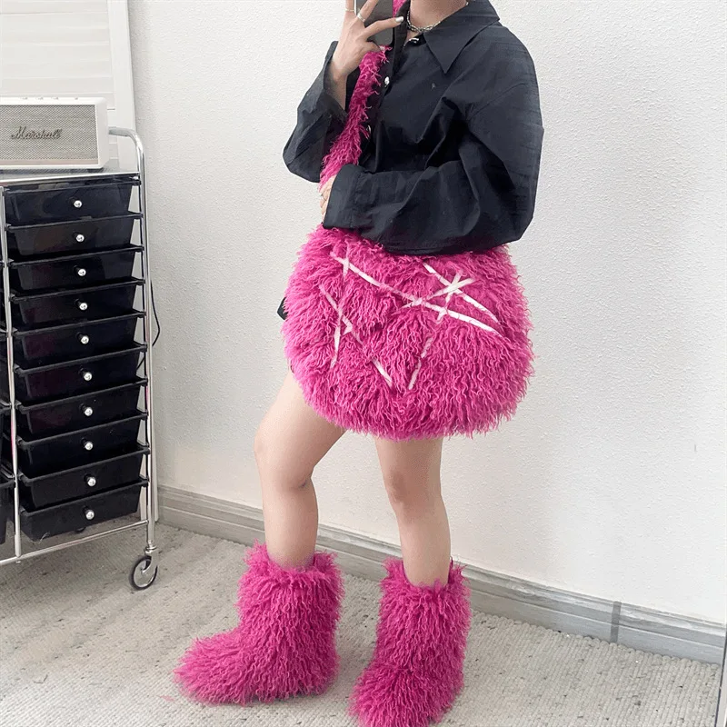 

Women Winter children Warm Shoes Female Plush Faux Fur Snow Boots Bag Set Luxury Winter Mid-Calf Boots High Boots Large size