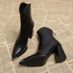 2024 inverno salto alto sexy mulheres sapatos de luxo chunky tornozelo chelsea botas moda novo dedo do pé apontado zíper goth bombas sapatos marca