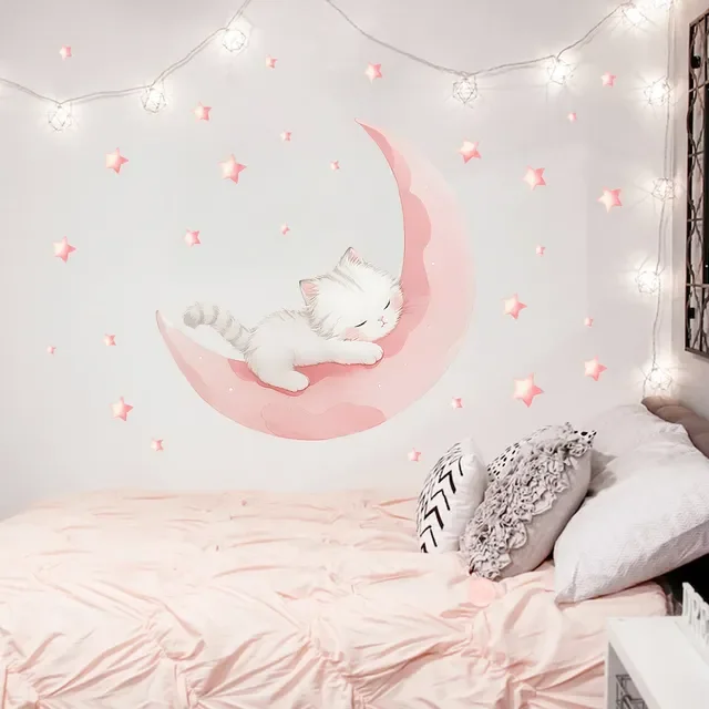 Cartoon Pink Moon Cute Cat Sleep Wall Stickers Baby Room Star Home Decor Akcesoria Pokój dzienny Sypialnia Dekoracja Pokój dziecięcy