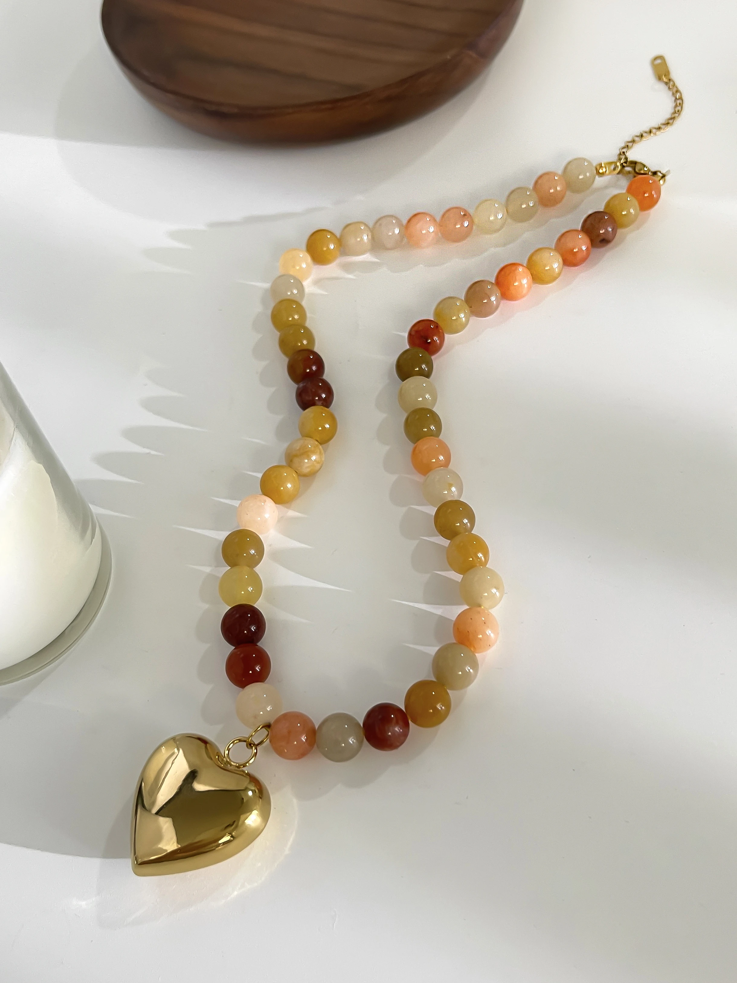 Peri\'sbox Bohemia Multi-color Natural Stone Handmade Beaded Chain Waterproof Trendy Gold Plated Heart Pendant Necklace for Women