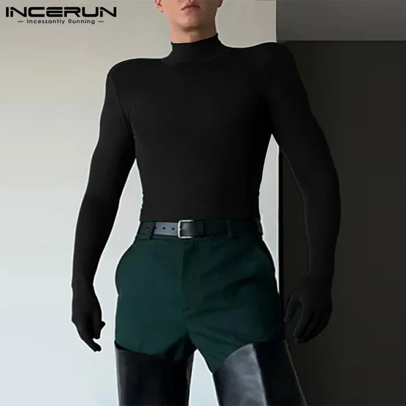 Fashion Casual Style Tops INCERUN New Men\'s Deconstruction Shoulder Thimble T-shirts Male Sexy Solid Long Sleeved Camiseta 2024