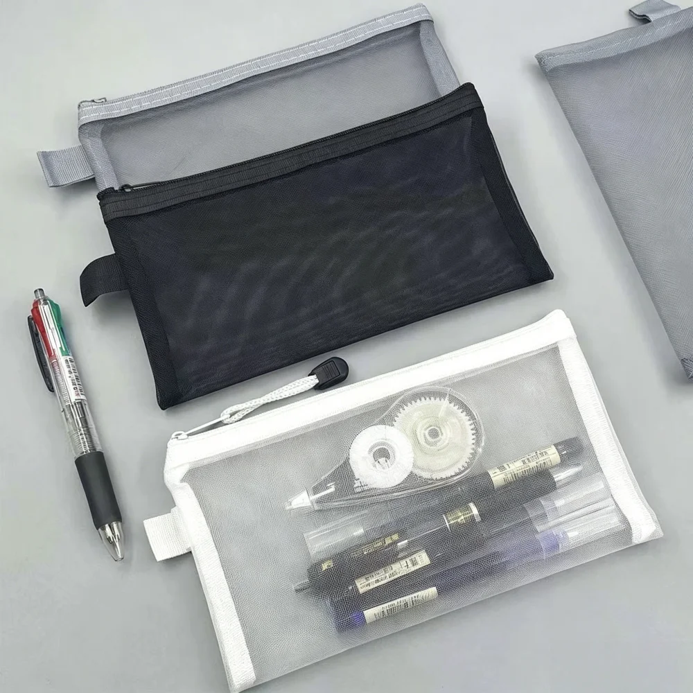 Transparent Mesh Exam Pencil Case Large Capacity Nylon Zipper Portable Stationery Organizer School Office Cosmetic Storage Bag