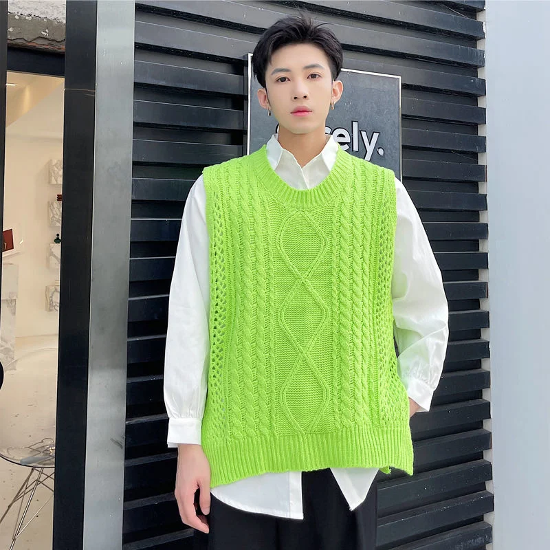 Green Fluorescent Sleeveless Knitted Vest 2022 New Korean Chic Round Collar Cable-knit Tops Side Split Design Kinttwear