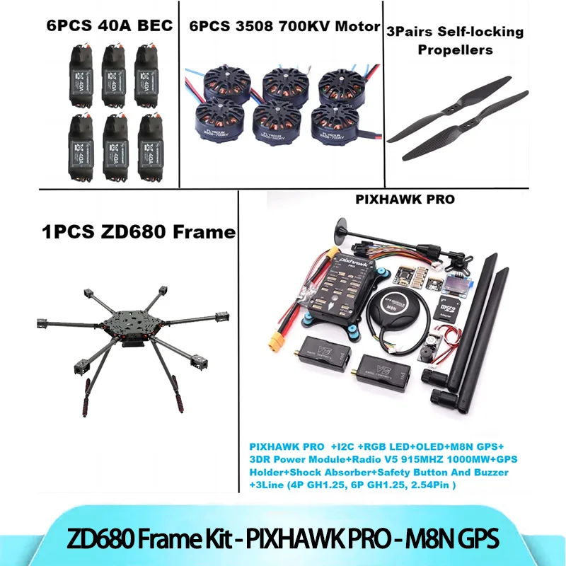 

ZD680 PRO M8N Full Carbon Fiber Hexa-Rotor Foldable Arm Hexacopter Frame Kit PIXHAWK With Unflodable Landing Gear