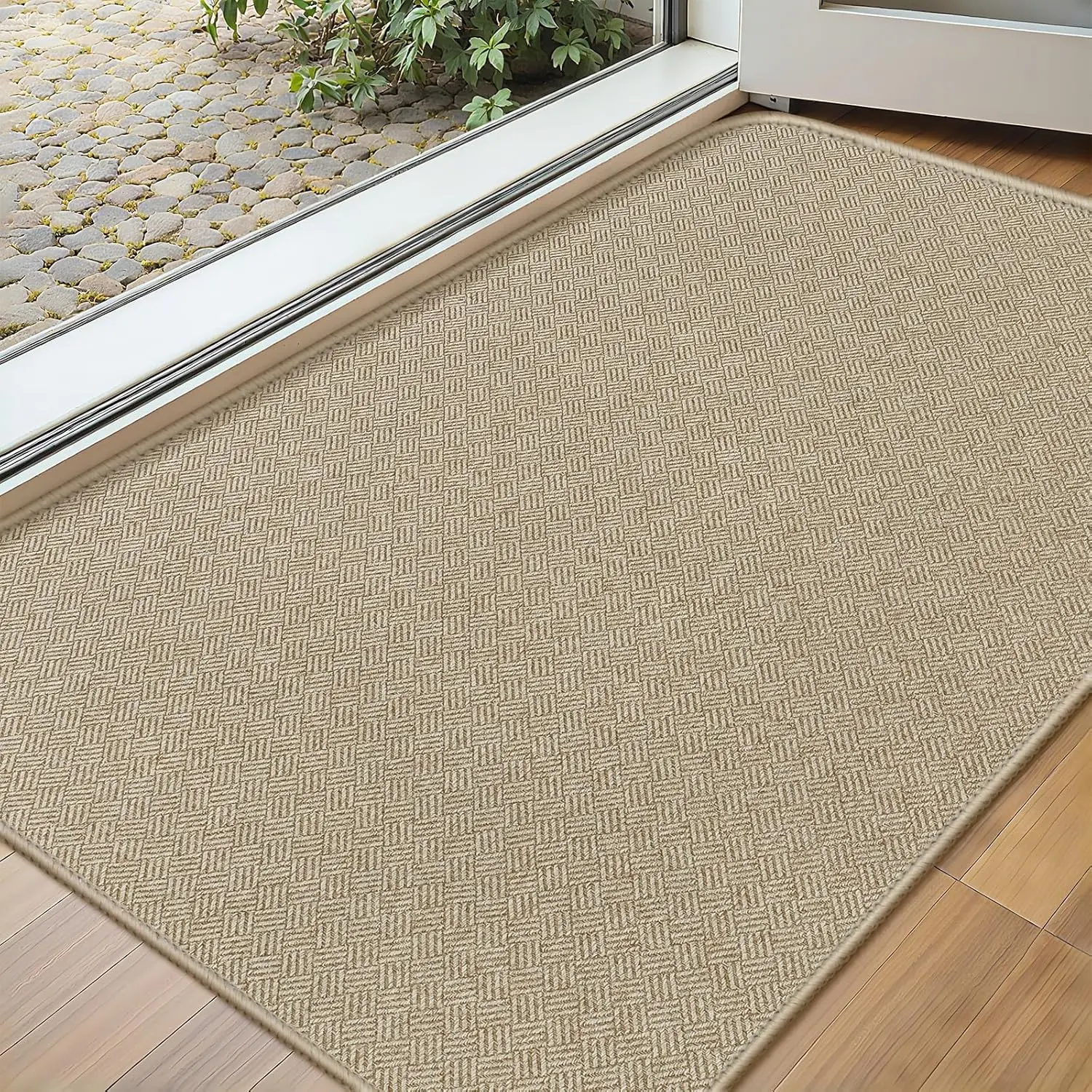 Ultra Thin Khaki Door Mat Indoor Entrance Low Profile Non Slip Rubber Backing Dirt Trapper Entryway Mat Inside Doormat